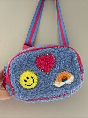 Kids Blue Faux-Shearling Crossbody Bag with Patches